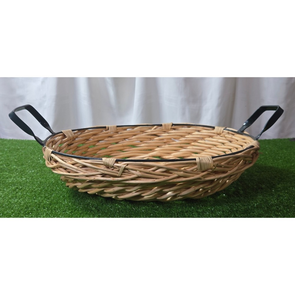 Willow Woven Oval Basket with Green Metal Handles